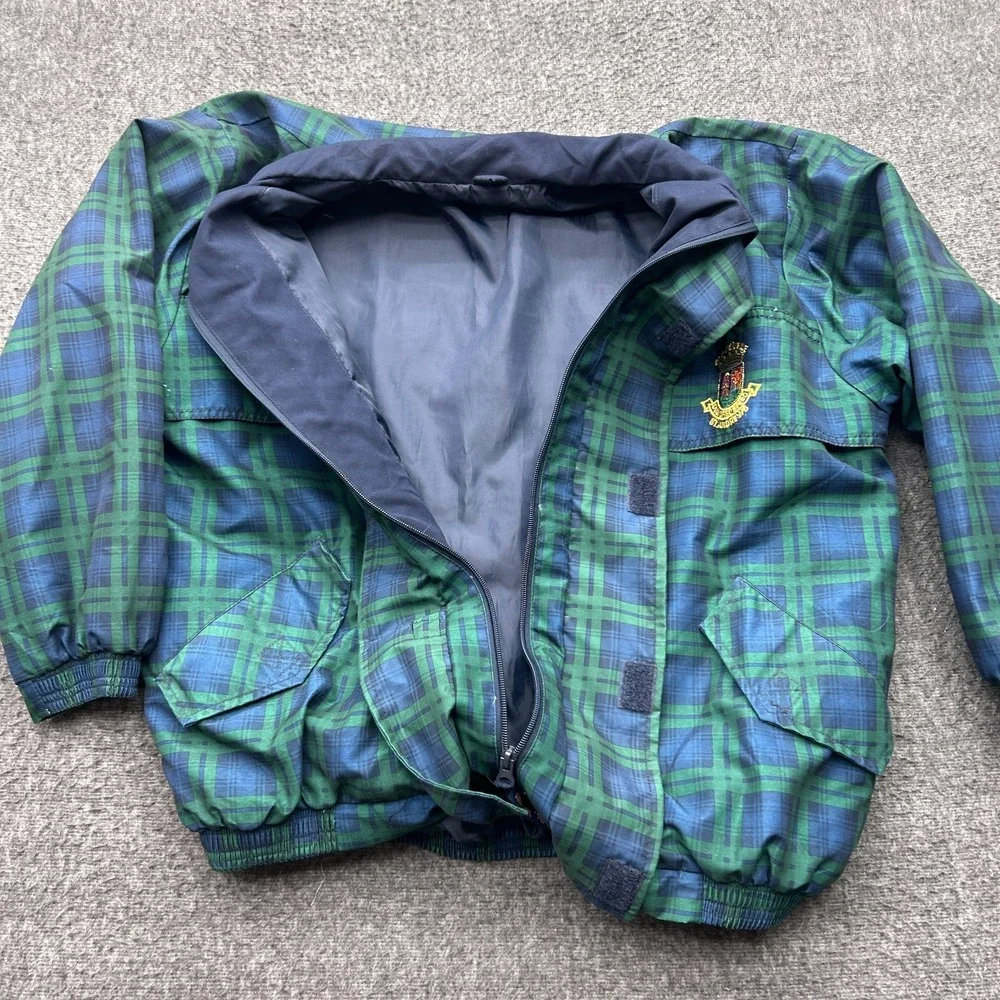 St. Andrews Tartan Windbreaker Jacket Medium Blue Green Golf Polyester Rain
